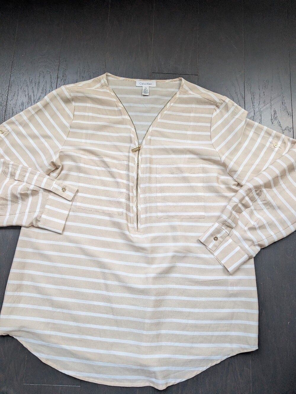 Calvin Klein Beige & White Striped Women's Zip Down Pullover Shirt - Size L